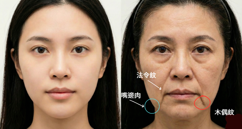 法令紋木偶紋嘴邊肉的位置