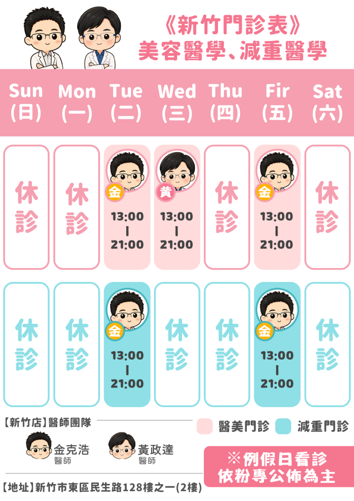 門診時間 4 彥靚診所新竹分院美容醫學與減重醫學門診時刻表,列出各星期醫師與看診時段。