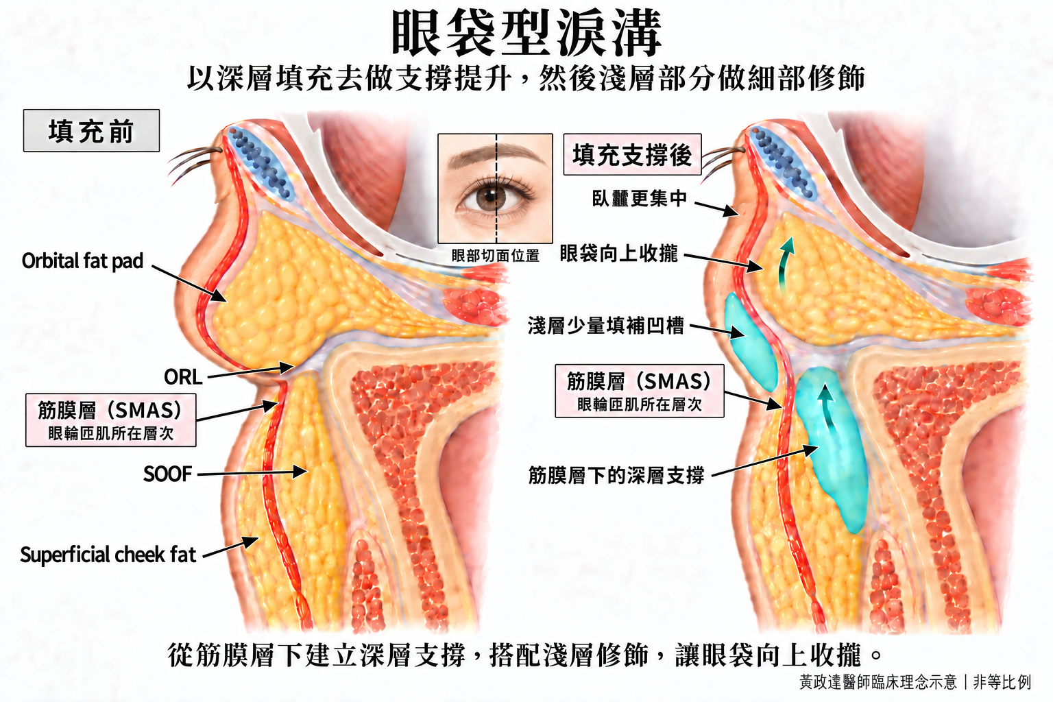 眼袋改善怎麼選?不開刀、手術加回填的八項比較與案例 3 眼袋型淚溝的側面解剖示意,左側呈現眼眶脂肪膨出與下方凹槽;右側以藍綠色標示筋膜層下的深層支撐及淺層少量修飾,箭頭呈現向上提升、眼袋收攏與臥蠶集中的規劃方向。